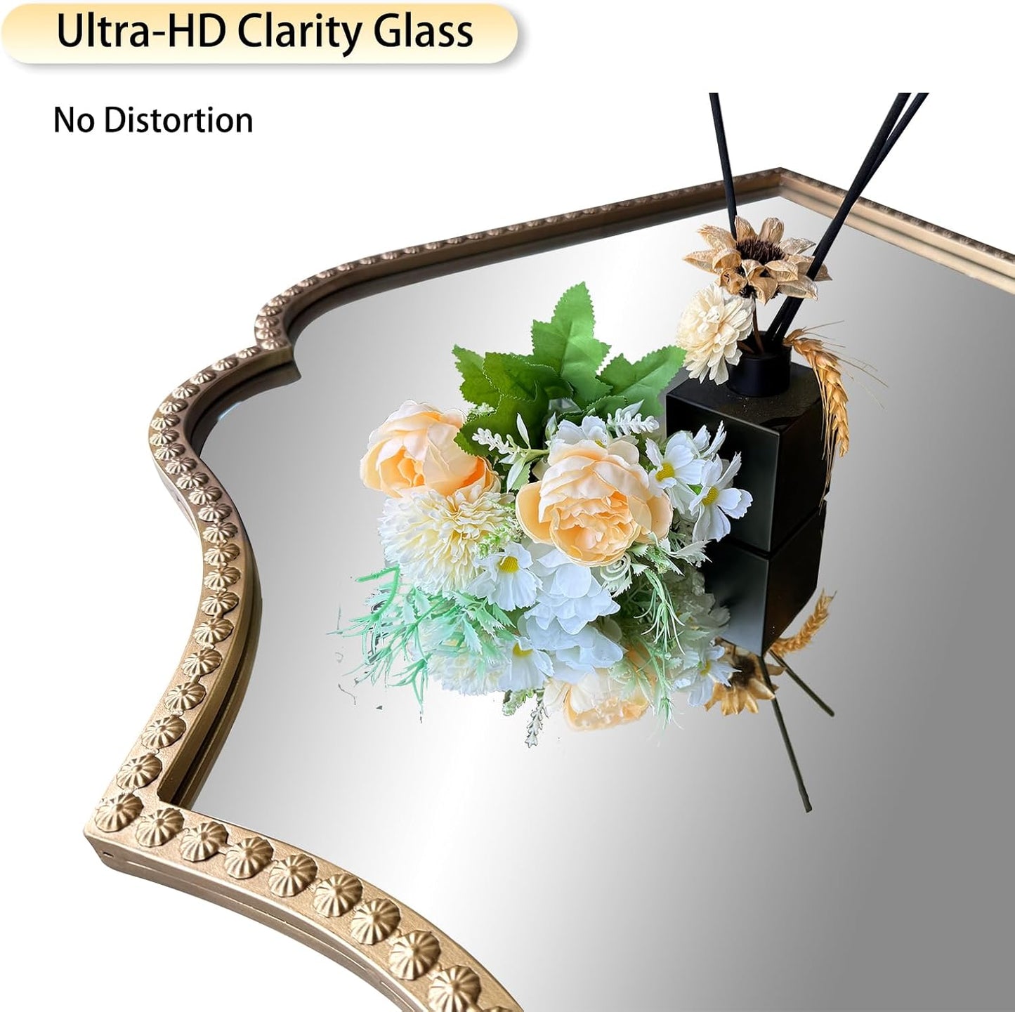 Gold Arched Mirror, 36"x28" Arch Vanity Mirrors for Bathroom, Metal Beaded Frame Ornate Decorative Mirror, Scalloped Vintage Mirrors for Fireplace Bedroom Living Room Entryway Hallway