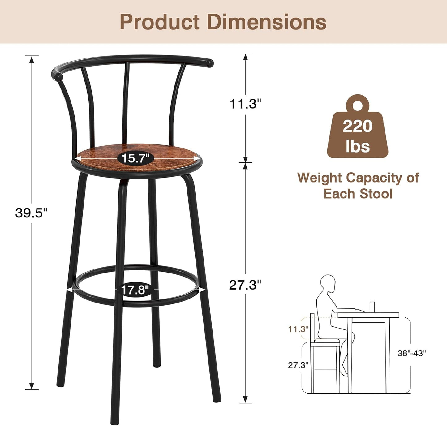 VECELO Bar Stools Set of 4, Swivel Counter Barstools with Backrest, Bar Height Chairs for Dining Room, Kitchen Island, Pub, Easy Assembly, Brown