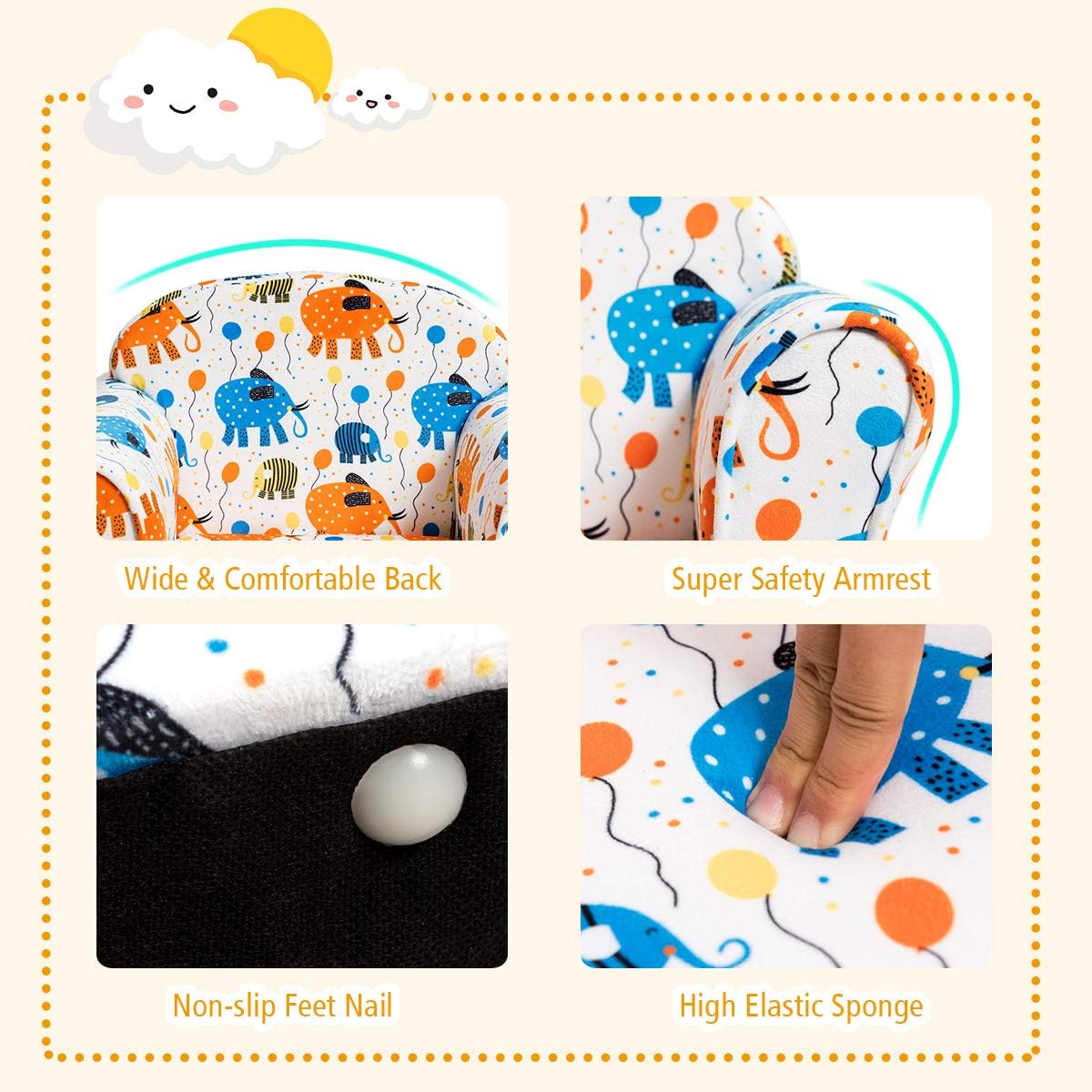 Costzon Kids Couch, Children's Sofa Armrest Chair with Pattern, Toddler Furniture w/Sturdy Wood Construction, Preschool, Lightweight Kids Couch Sofa Chair for Aged 1-5 Boys & Girls Gifts, Elephant