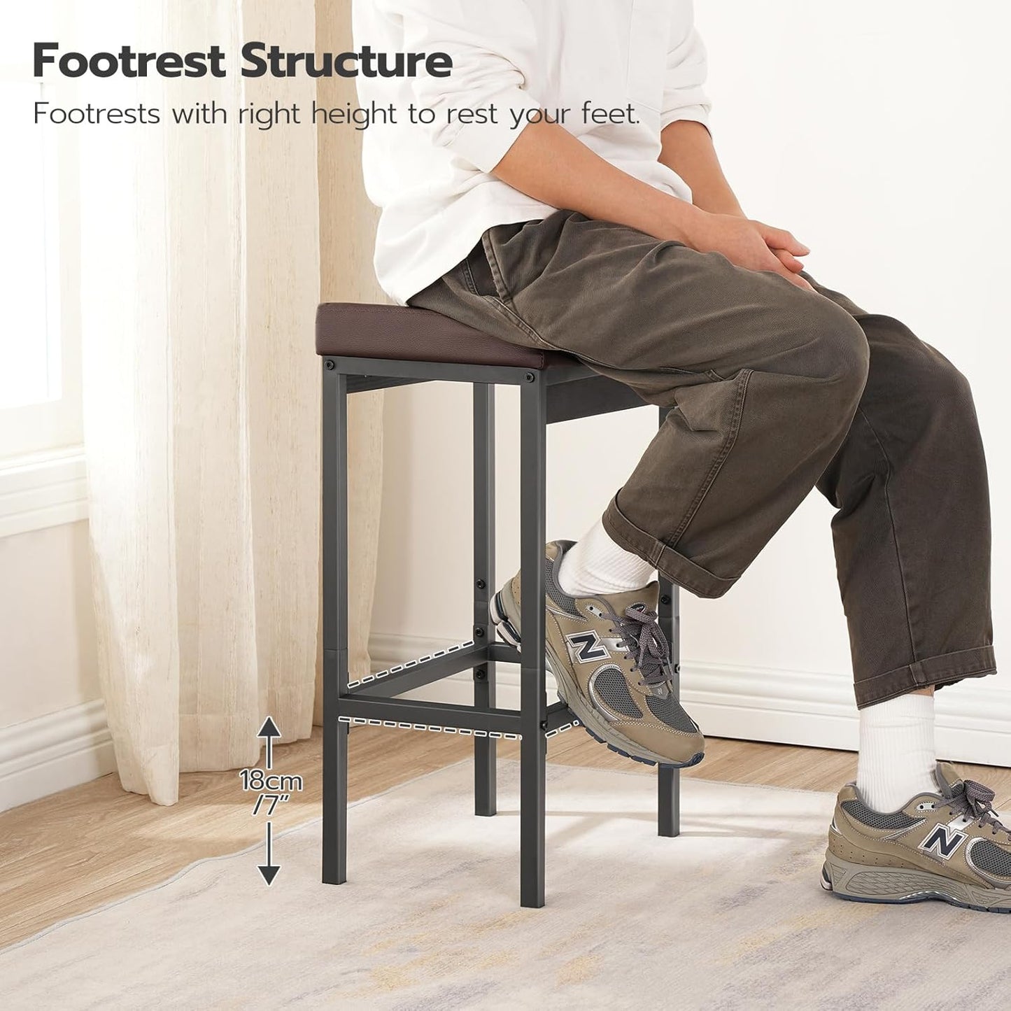 HOOBRO Bar Stools, Set of 2 Barstools, 24.8-Inch Height Stools, Breakfast Barstools, Kitchen Bar Chairs, 2" Thick Upholstery, for Kitchen, Dining Room, Cafe, Bar Counter, Brown and Black BC21BY01