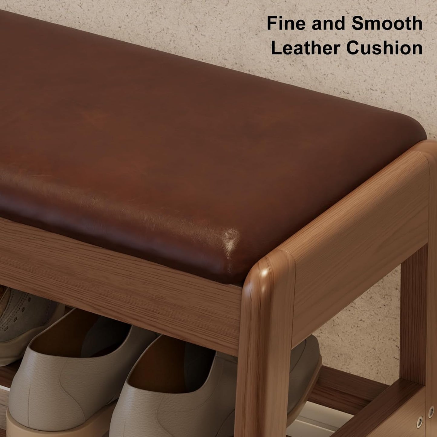 Small Shoe Bench with Leather Cushion,2 Tiers Shoe Rack Bench with Flip-Top Storage,Wood Shoe Rack for Entryway（Walnut,23.62"）