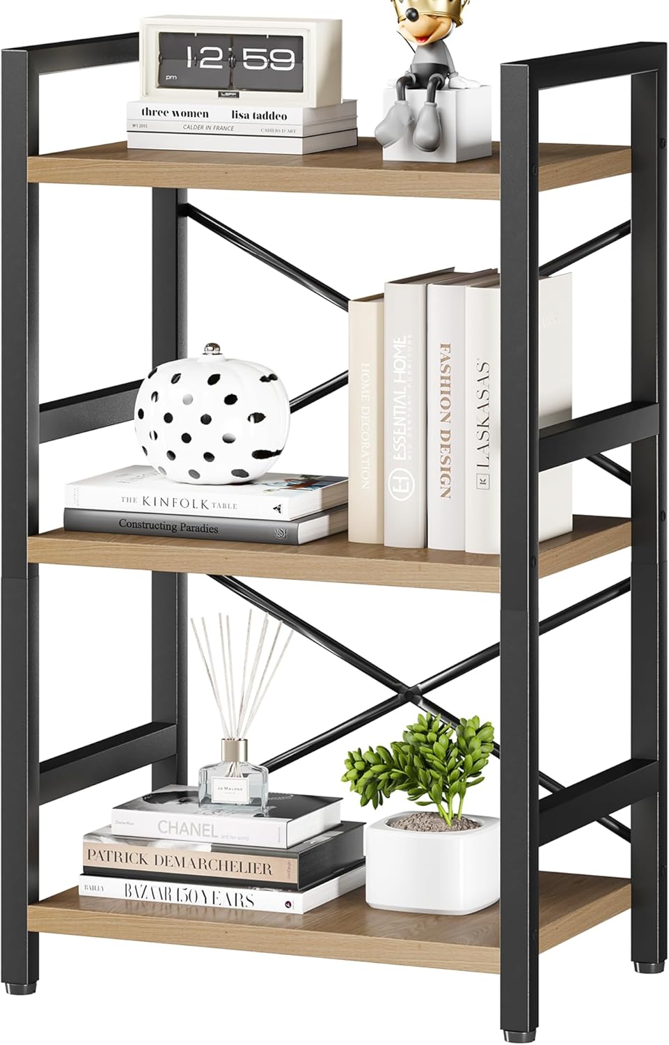 Homeiju Bookshelf, 3 Tier Industrial Bookcase, Metal Small Bookcase, Rustic Etagere Book Shelf Storage Organizer for Living Room, Bedroom, and Home Office(Light Coffee) Patent Pending D29873033
