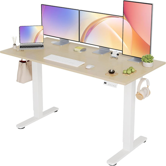 Seang Electric Standing Desk Adjustable Height, 55 x 24 Inch Sit Stand Desk with T-Shaped Frame, 3 Memory Presets & Cable Management for Home Office Computer Workstation, White Frame/Nature Top