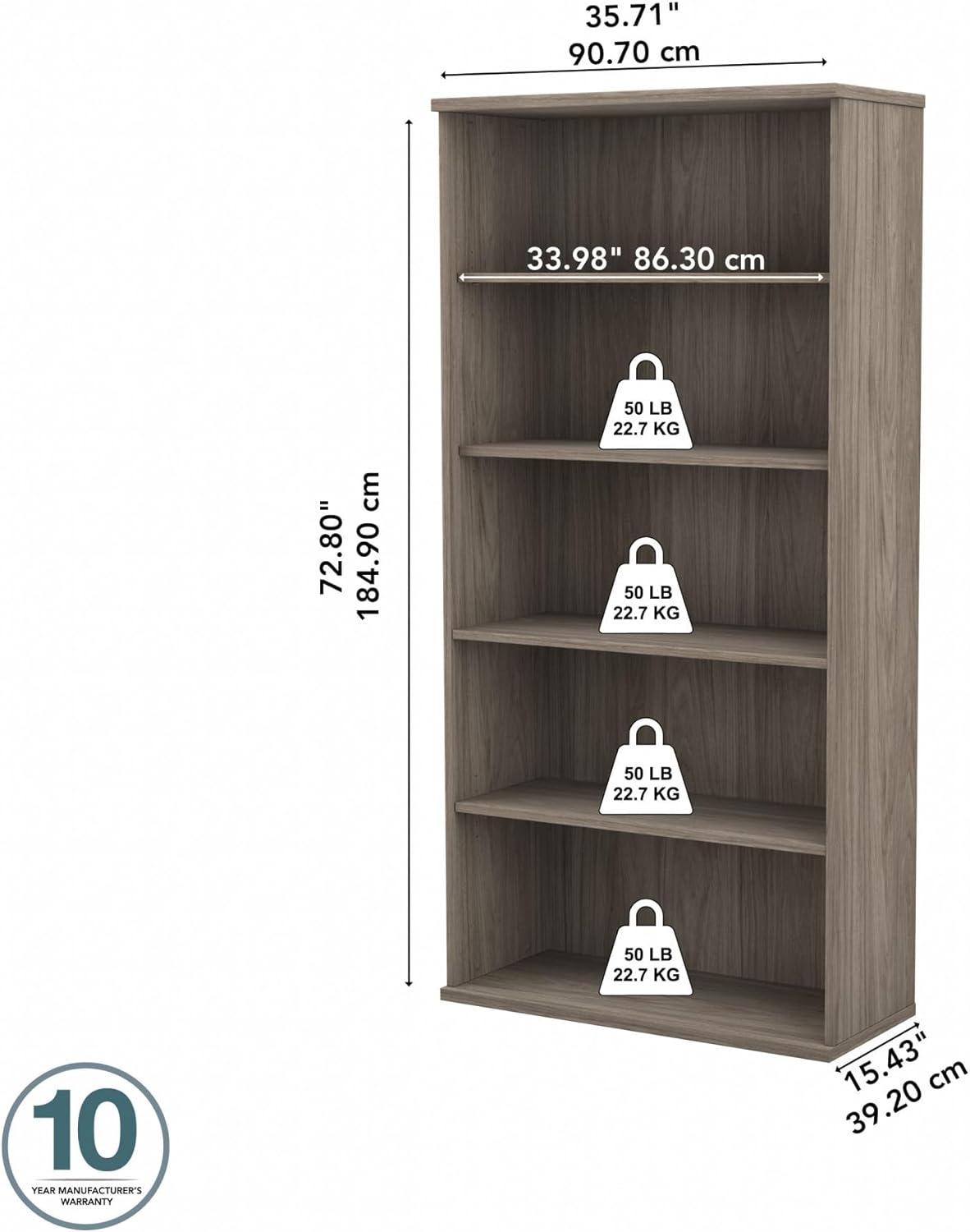 Bush Business Furniture Studio C 73" H 5-Shelf Bookcase with Adjustable Shelves, Modern Hickory Laminated Wood (SCB136MH)