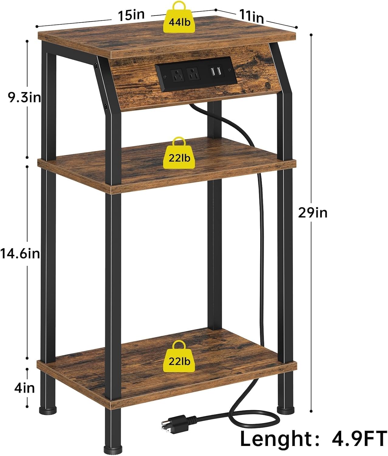 Tall Side Table with Storage, 3-Tier Small End Table with Charging Station, Narrow Bedside Table Stand, Space-Saving Nightstand for Living Room, Bedroom,Office, Rustic Brown