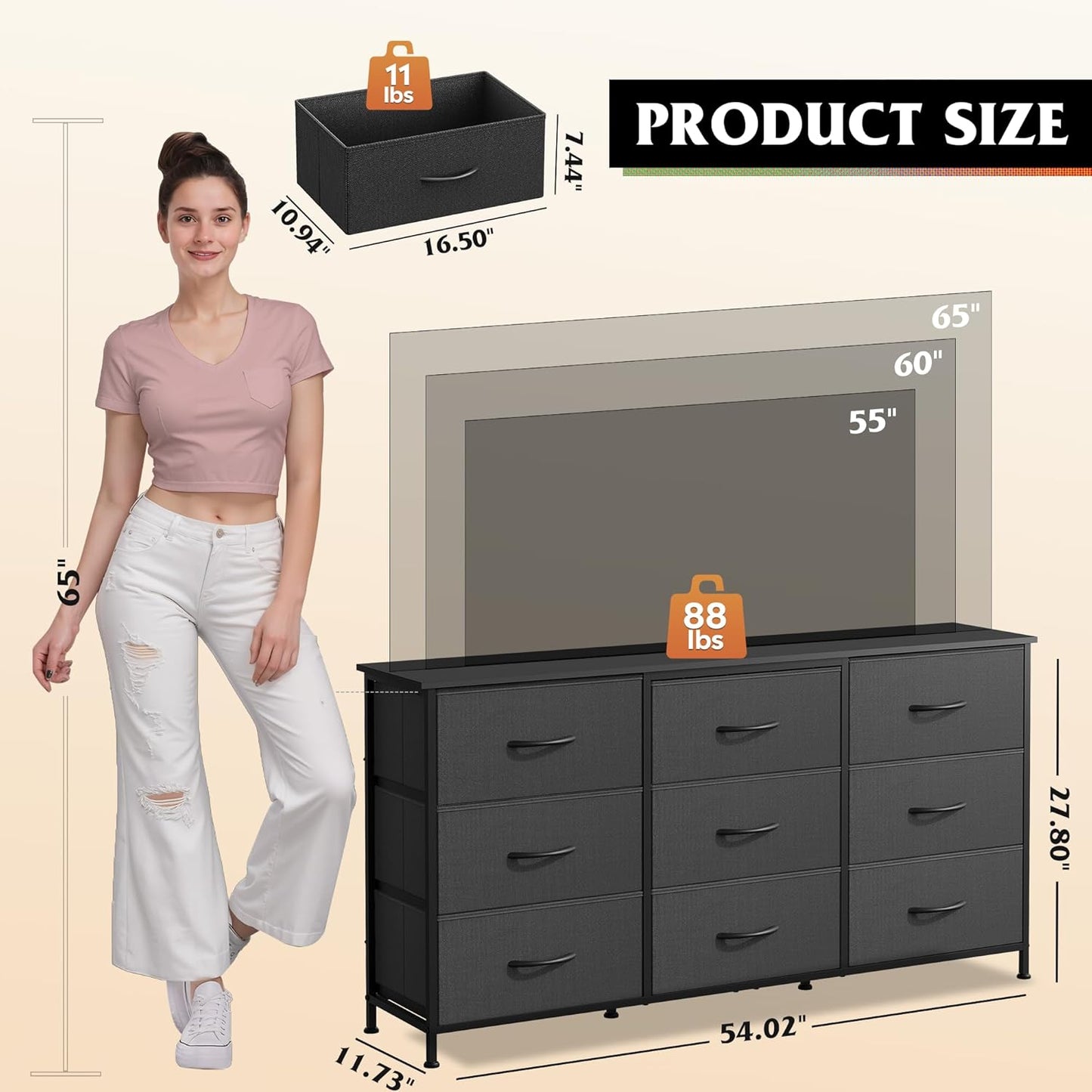 WLIVE 54''W Dresser for Bedroom, Black Dresser TV Stand for 55, 60, 65 inch TV, Wide Chest of Drawers with 9 Drawer, Large Entertainment Center, Fabric Dressers with Wood Top for Closet, Living Room