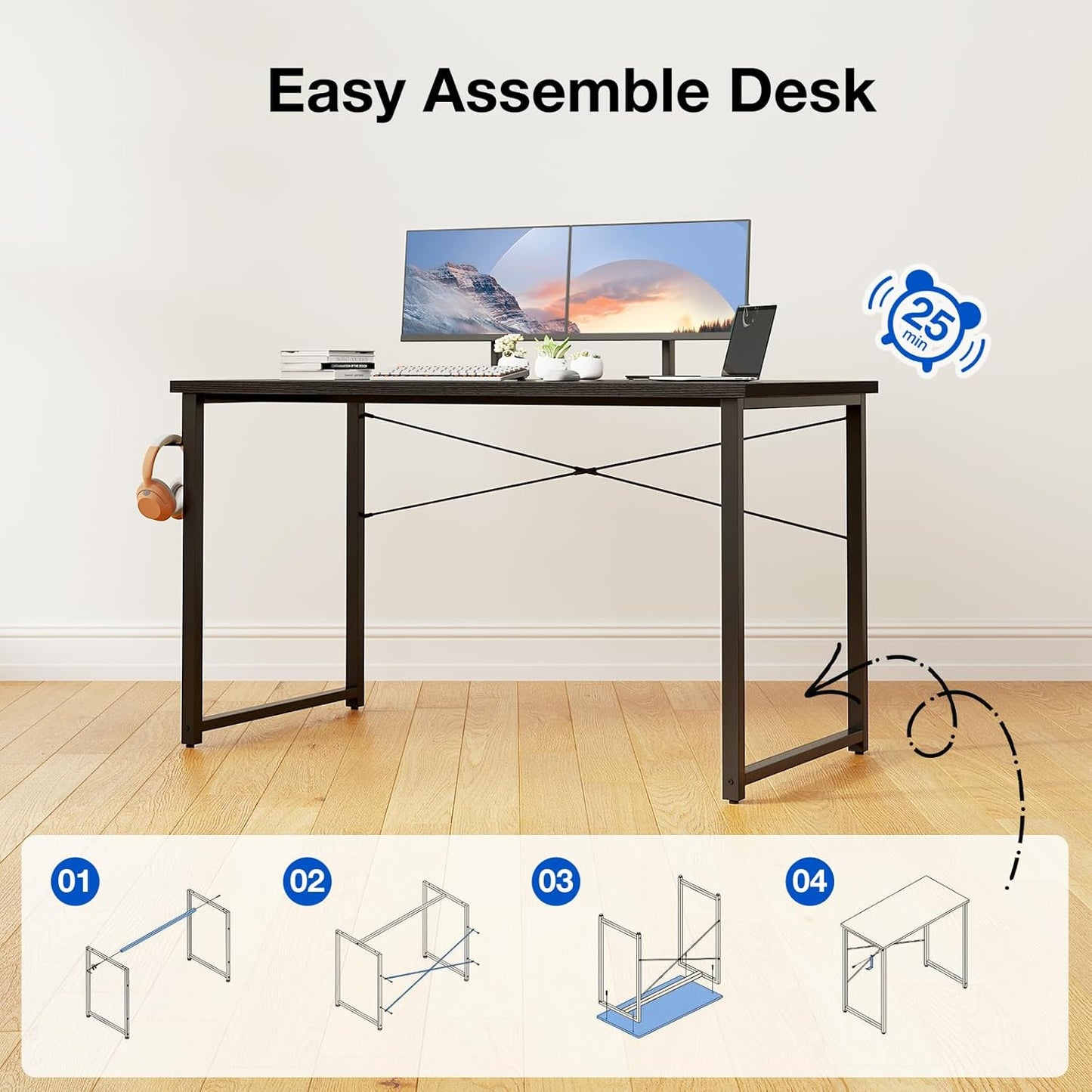 ODK 48 Inches Computer Desk for Small Spaces, Study Table for Home Office, Writing Desk with Headphone Hooks, Black