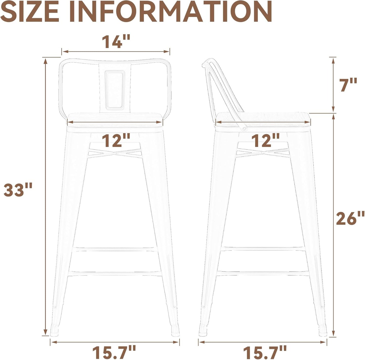 Yongchuang 26" Metal Barstools Set of 2 Counter Bar Stools with Wood Top Low Back Matte Black