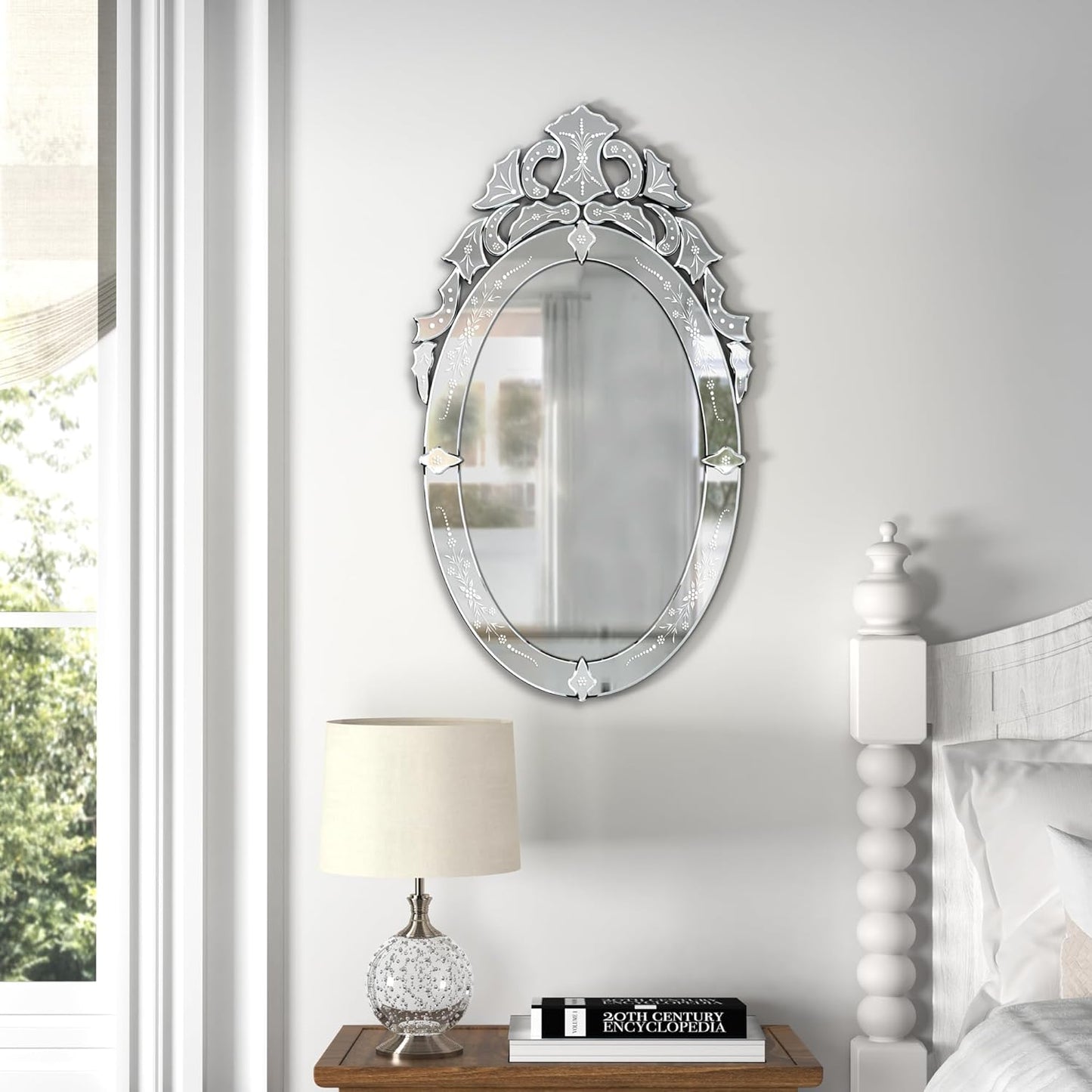 KOHROS Oval Bathroom Mirror 42" x 24" Venetian Mirror with Top Crown Floral Etched Frameless Decorative Wall Mirror for Vanity Bathroom Bedroom Living Room