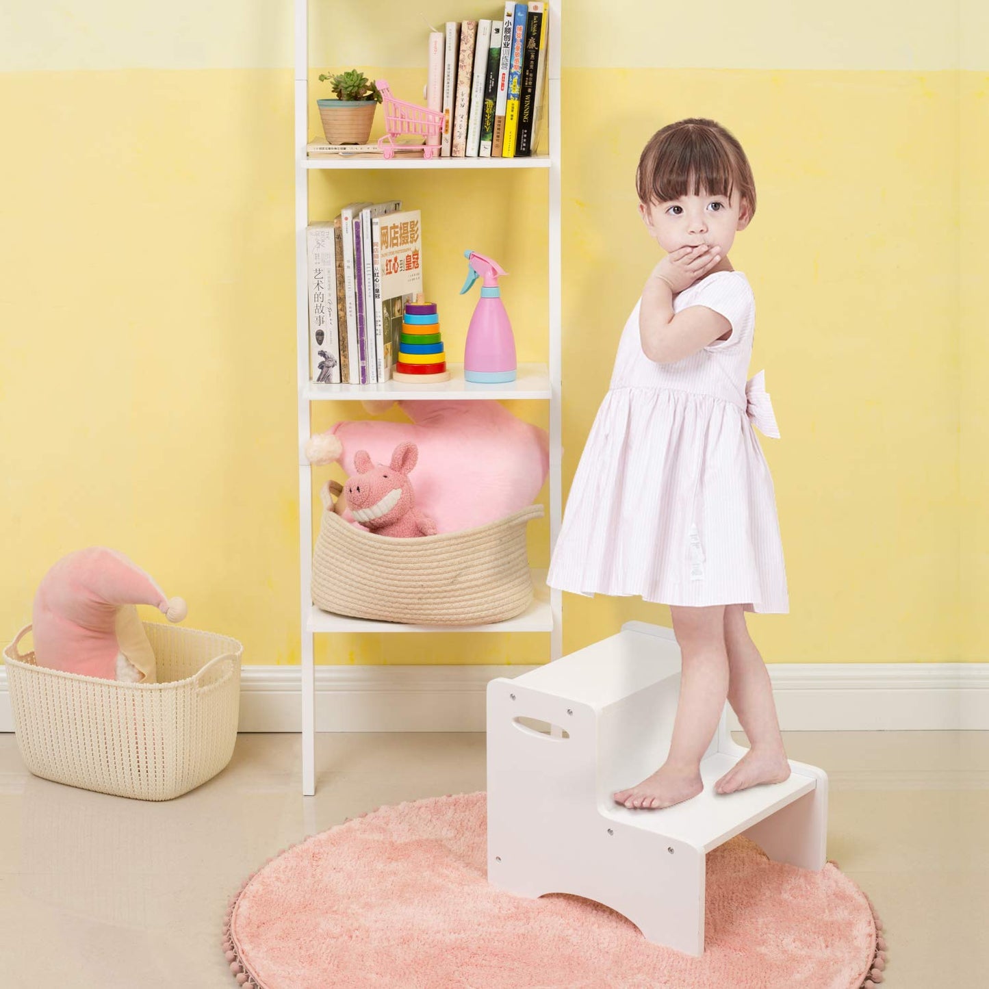 WOOD CITY Toddler Step Stool, Wooden 2 Step Stools for Bathroom Sink Potty Training Kitchen Dual Height Stool Helper for Kids Bonus Non-Slip Pads and Handles for Safety (White)