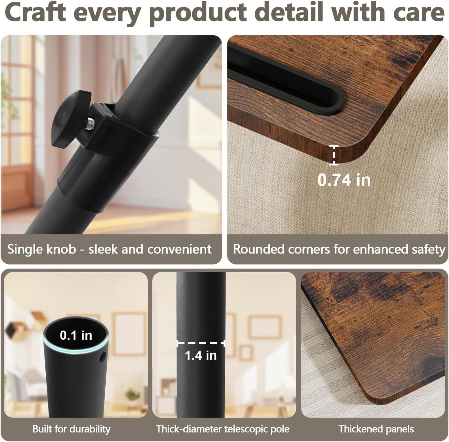 Sofa Armrest Tray Table for Couch - 360° Swivel Height Adjustable End for Small Spaces, Snack Side Table for Bed or Chair with Phone & Tablet Slot (Rustic,Standard)