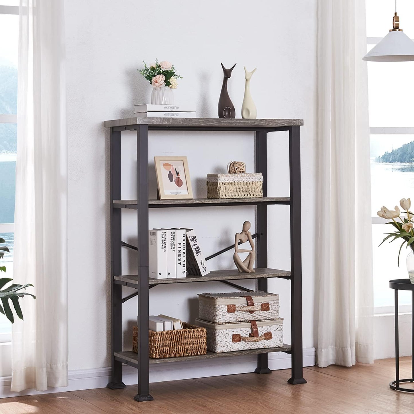 HOMBAZAAR 4 Tier Bookshelf,Grey Industrial Book Shelf,Engineered Wood and Metal Deep Bookcases,Low Shelf Bookcase for Living Room,Office,Bedroom and Kitchen