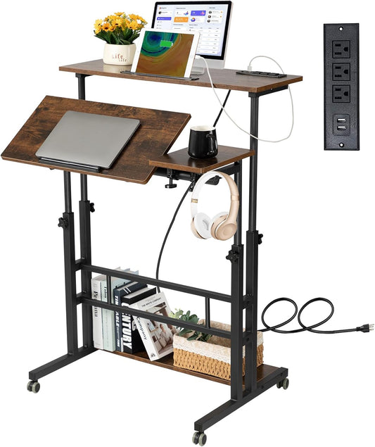Hadulcet Mobile Standing Desk Adjustable Height, Rolling Desk Stand Up Desk, Mobile Laptop Desk, Rolling Computer Desk with Charging Station, Portable Desk with Wheels, Rustic Brown