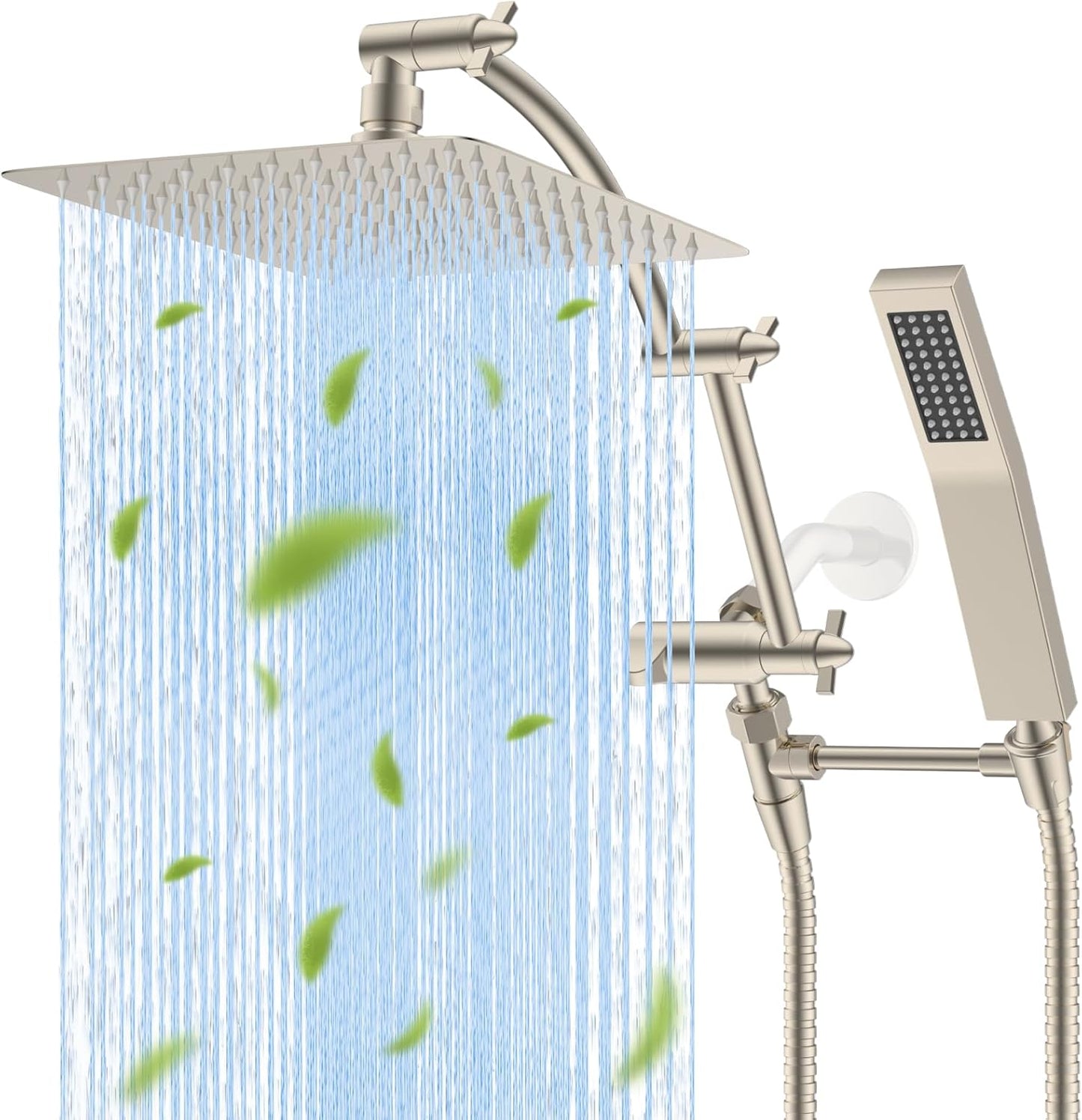 Hibbent All Metal 10'' Rainfall Shower Head, Dual Shower Head Combo, High Pressure Handheld Shower Wand, 16'' Adjustable Arc-shaped Shower Extension Arm, 71'' Hose, Showerhead Holder, Brushed Nickel