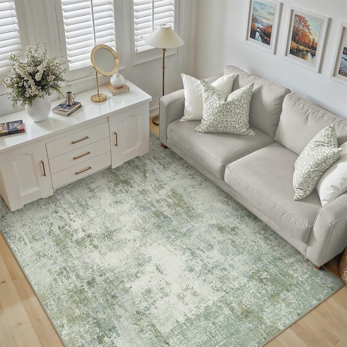 6x9 Washable Area Rug Green Modern Neutral Abstract Living Room Bedroom Indoor Floor Carpet Low Pile Soft Non-Slip Lightweight Vacuumable Throw Rug for Nursery Dining Room Office