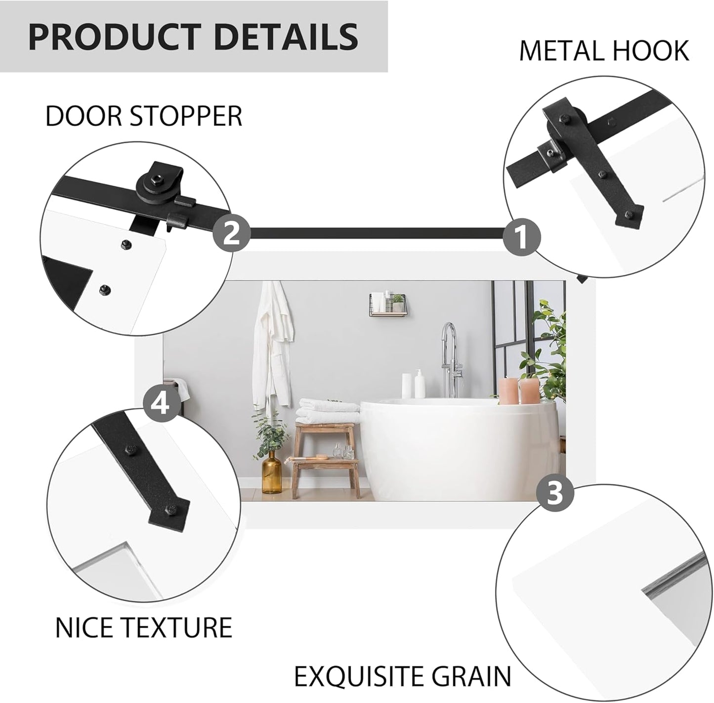 Farmhouse Barn Door Mirror - 42" x 28" Rustic Wood Framed Wall Mirror for Bathroom, Living Room, Bedroom Wall Decor (Bright White)