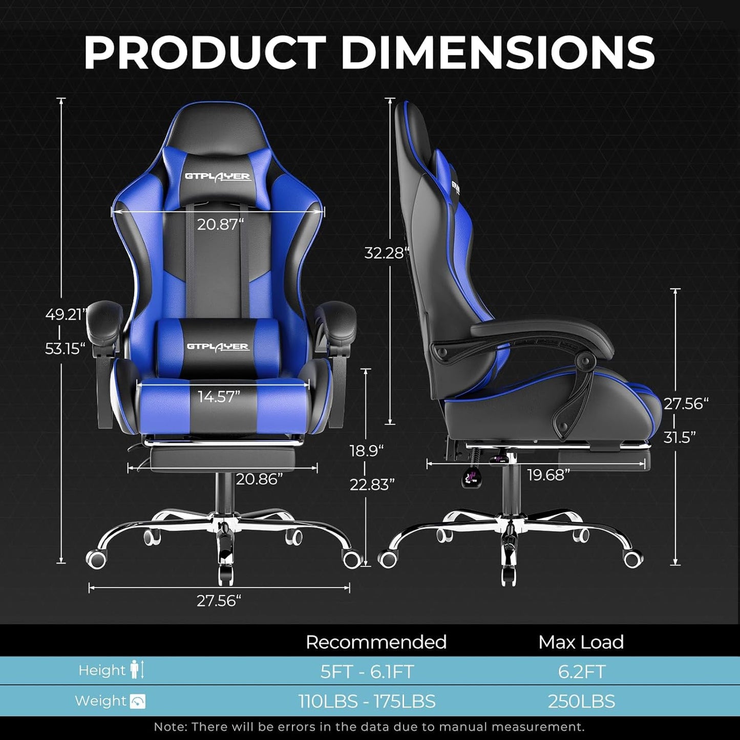 GTPLAYER Gaming Chair, Computer Chair with Footrest and Lumbar Support, Height Adjustable Game Chair with 360°-Swivel Seat and Headrest and for Office or Gaming (Faux Leather, Blue)