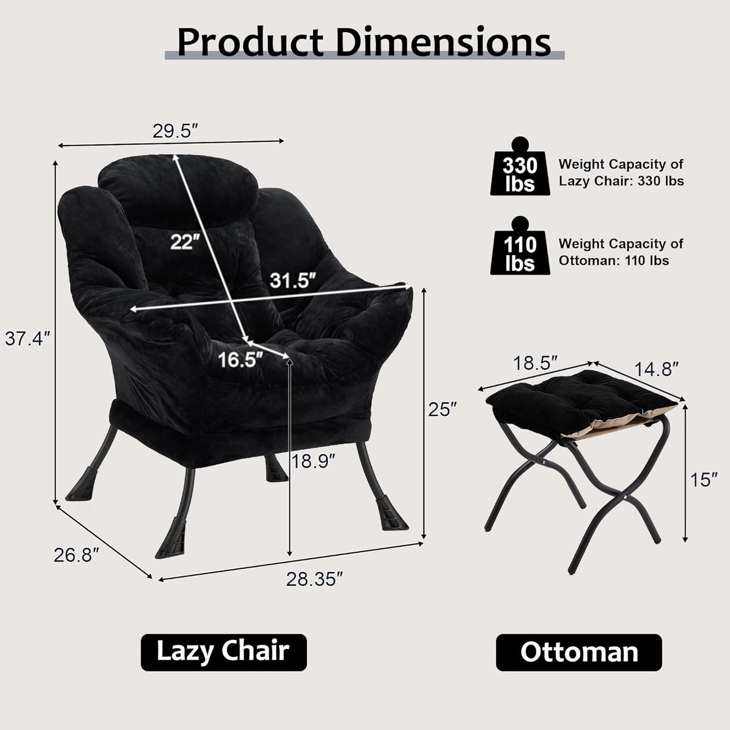 Fabric Lazy Chair with Ottoman, Oversized Upholstered Sofa Chair for Adults, Plush Comfy Lounge Chair with Large Side Storage Pocket, Reading Chair for Living Room, Bedroom, Study Room, Black