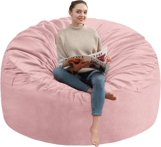 5FT Bean Bag Chair, Large Bean Bag Chairs with Memory Foam Filled, Fluffy Beanbag Sofa with Dutch Velvet Cover, Round BeanBag Chairs for Living Room, Playroom - Light Pink
