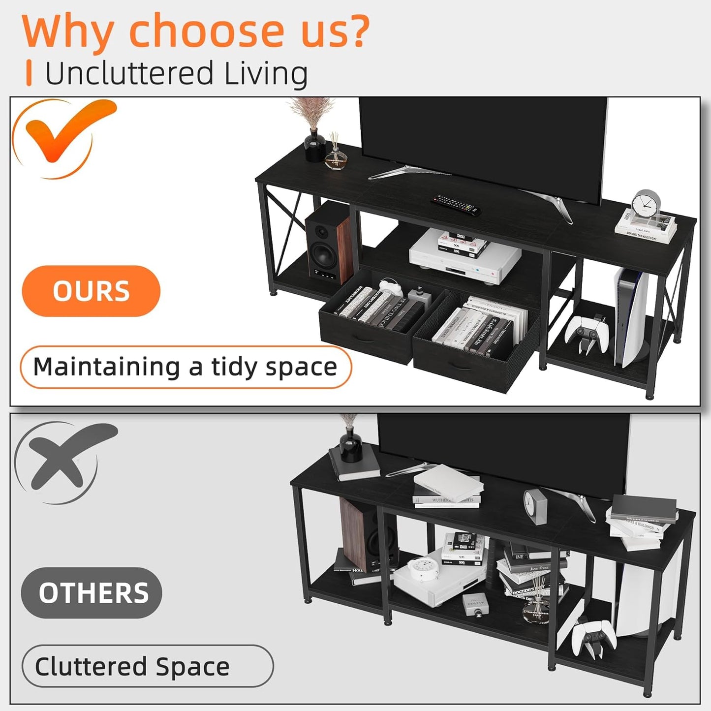 TV Stand with Fabric Drawers for 55 60 65 Inches TV - Entertainment Center and Industrial TV Console Table with Open Storage Shelves for Living Room, Bedroom - 55.1" Black