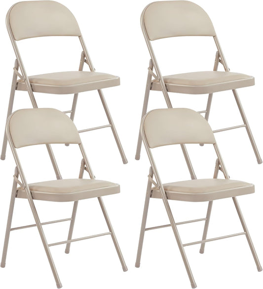 HealSmart 4 Pcs Folding Chairs with Leather Padded Cushion Seats, Back & Sturdy Metal Frame, Stackable, Portable, Commercial Event Seat, Indoor Outdoor for Parties, Home Event, Office, Tan