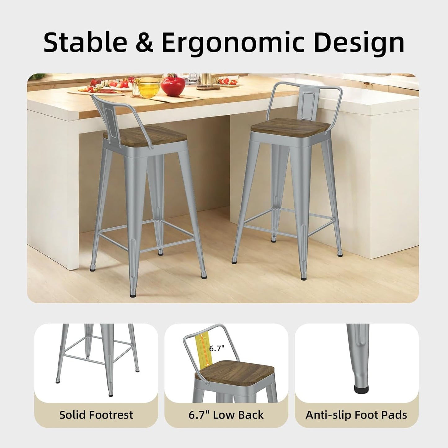 Silver Bar Stools Set of 4, Metal Bar Stools with Wooden Seat, Modern 24”Counter Height Barstools with Low Back