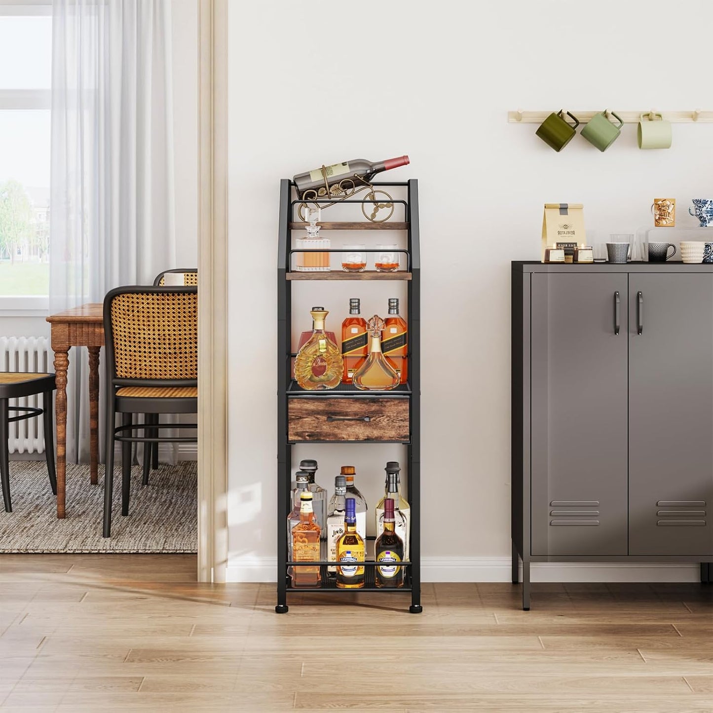 HapiRm Wine Rack Freestanding Floor - 4-Tier Stepped Liquor Cabinet Bar Stand for Home with Fabric Drawer, Wine & Glass Organizer for Living Room, Kitchen, or Dining Room