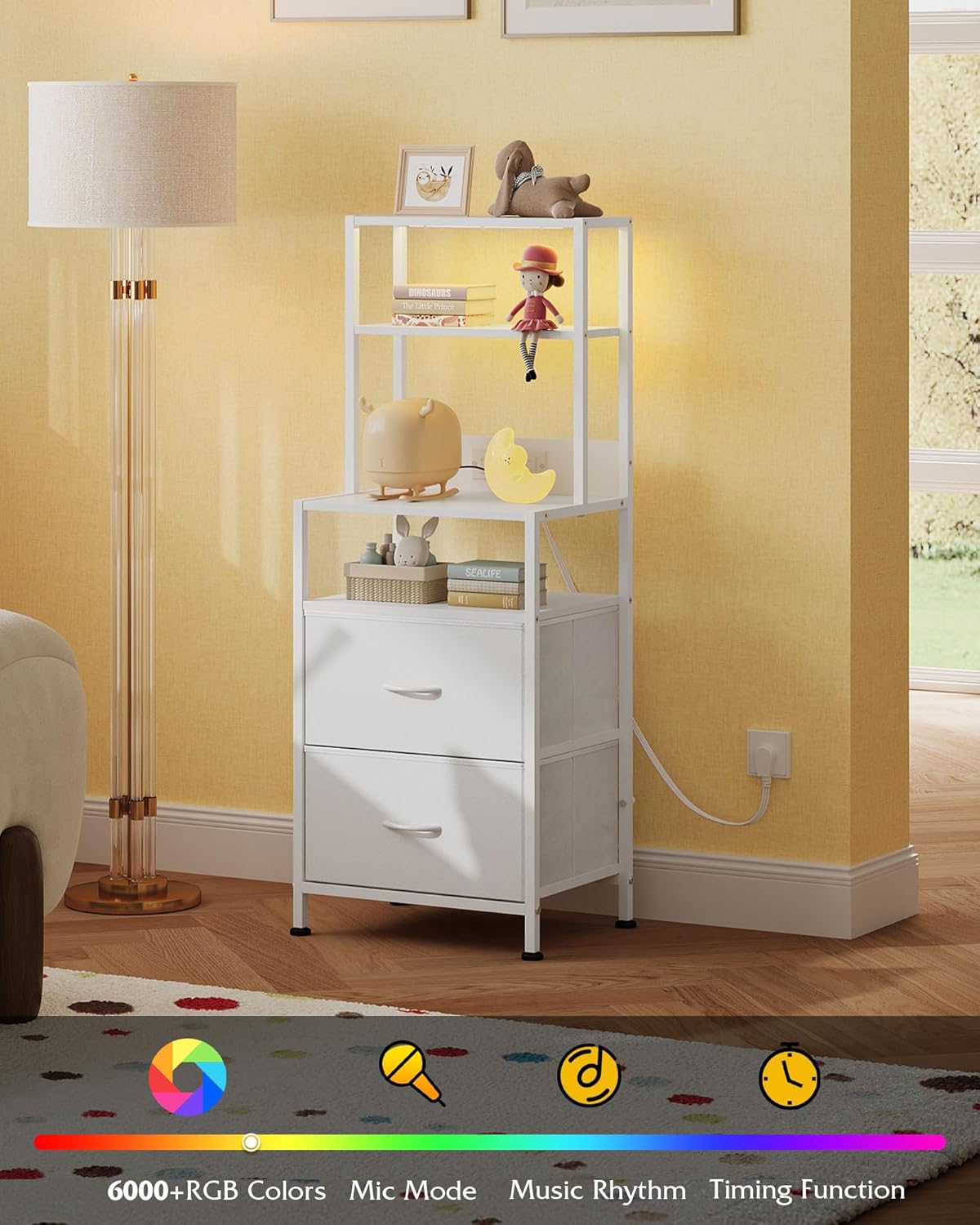 WLIVE Nightstand Set of 2 with Charging Station, LED Night Stands with 2 Fabric Drawers and 4 Storage Open Shelves, Bedside Table Sets for Bedroom, White