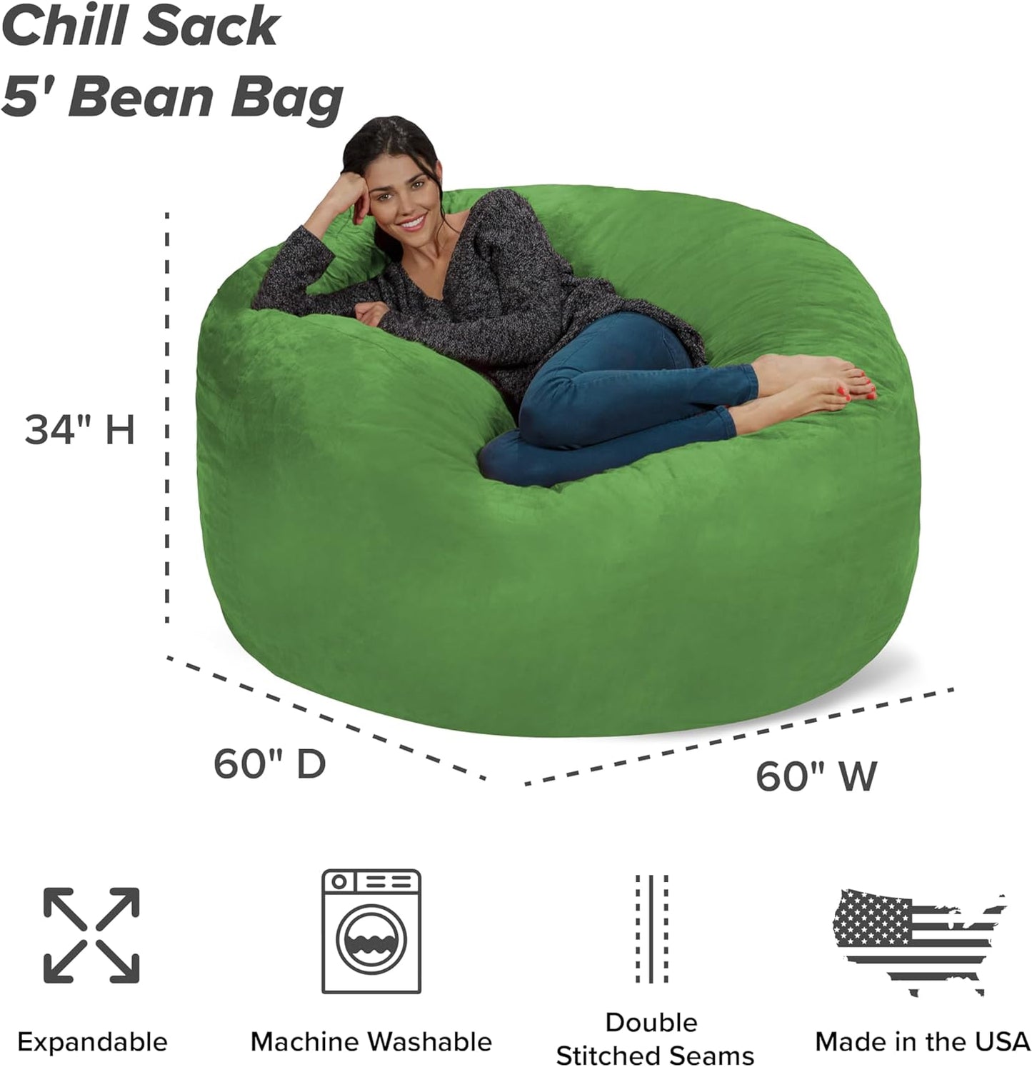 Chill Sack Bean Bag Chair - 5' Giant Memory Foam Lounge Chair with Soft Microfiber Cover – Cozy Furniture for Living Room, Dorm, & Kids' Rooms – Comfortable 5 Ft, Microsuede Lounge Sofa, Lime