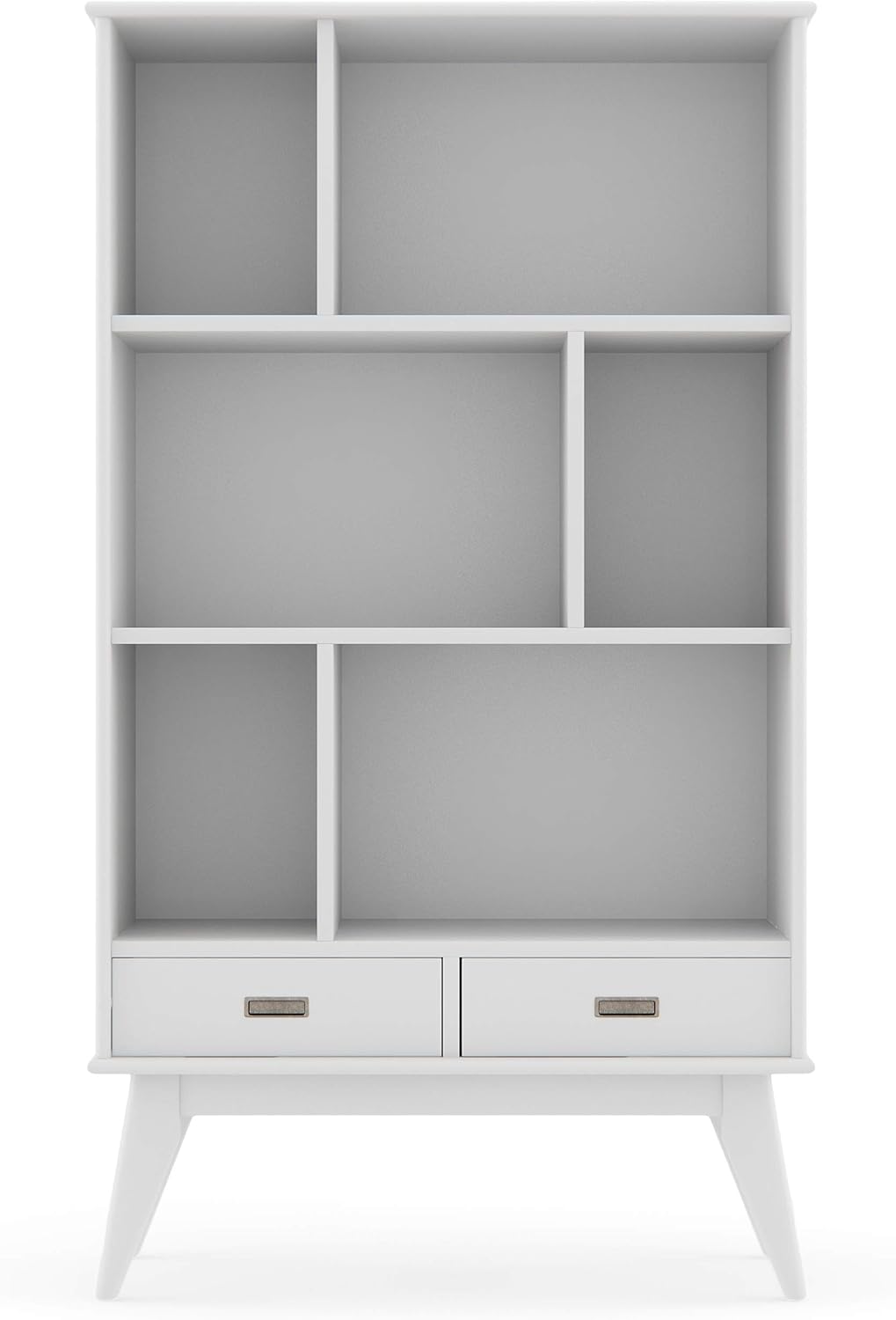 SIMPLIHOME Draper Bookcase - 64 inch Tall Solid Hardwood Wide Storage Bookshelf in White, Mid-Century Modern Storage for Living Room, Study Room or Office with Adjustable Shelves and Tapered Legs