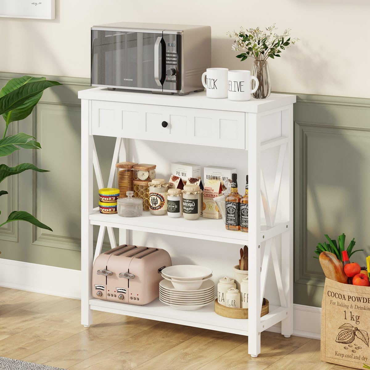 FATORRI Small Bookcase with Drawer, Wood and Metal Bookshelf for Small Space, Short Book Shelf and Low Book Case for Living Room (White Oak)