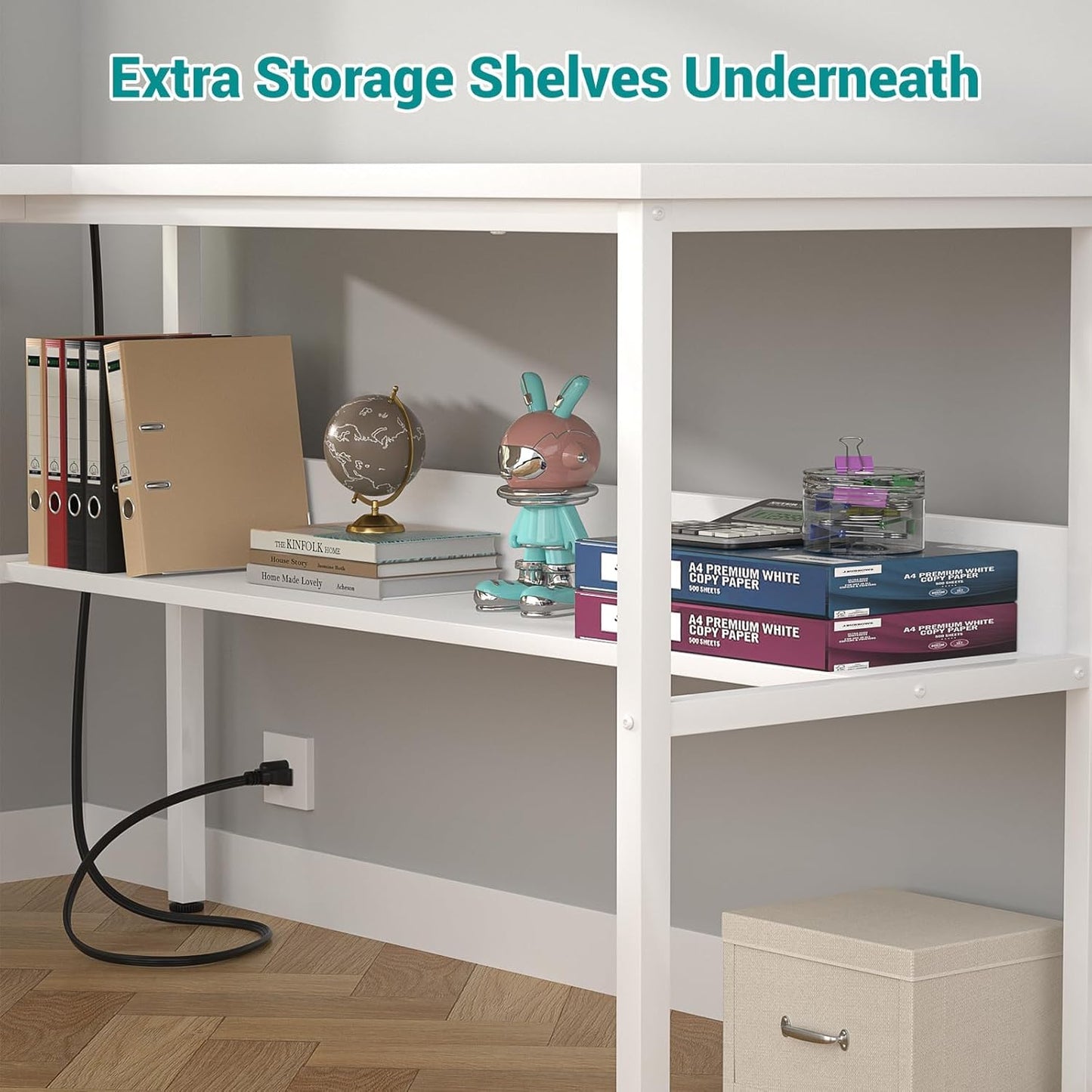 Reversible L Shaped Gaming Desk with Power Outlets and USB Charging Ports, Sturdy Computer Desks with Storage Shelf, Modern Corner Desk Home Office Table, Easy to Assemble, White