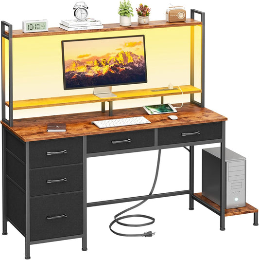 Computer Gaming Desk with Hutch, Home Office Desk with Power Outlets, LED Light, 5 Storage Drawers, 2 Tiers Shelves for Display, 47 Inch Modern Study Writing Table for Bedroom, Rustic Brown