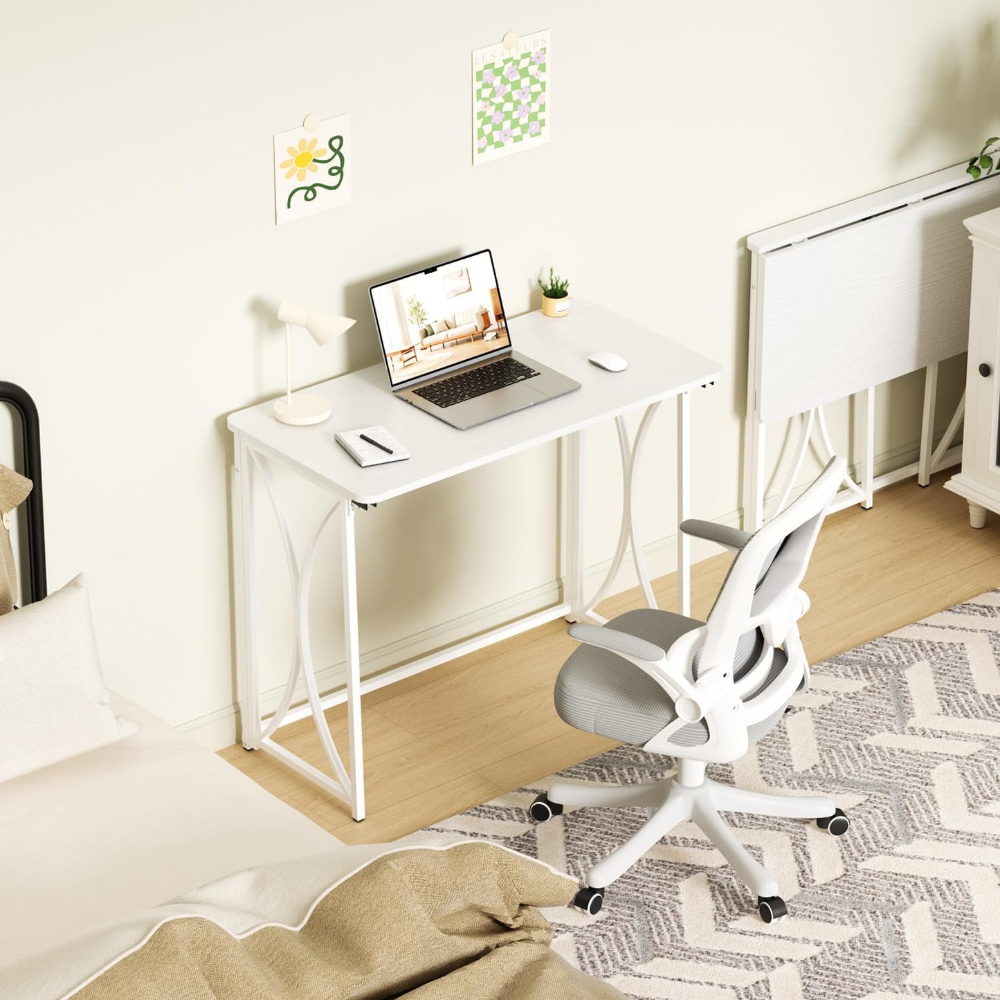 Foldable Desk, 31.5" Small Desk for Bedroom, Space Saving Folding Computer Desk for Home Office, Easy Assembly, White