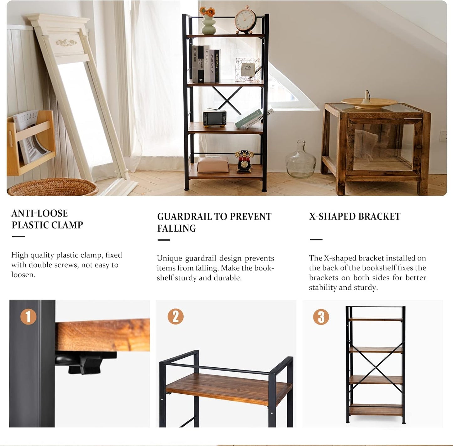 Crofy Rustic Bookshelf, 4 Tier Real Wood Bookshelf, Metal Book Shelf for Storage, Black Bookcase, 12.6" D x 23.62" W x 50.39" H