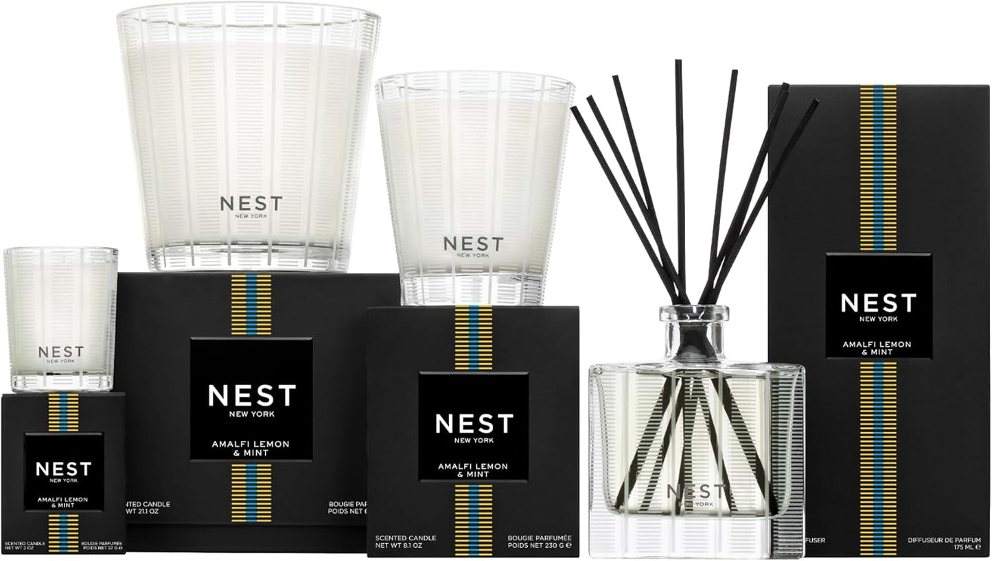 NEST New York Reed Diffuser, Amalfi Lemon & Mint - 5.9 fl oz - Fragrance for Up to 90 Days - Reusable, Refillable Glass Holder - Includes 8 All-Natural Reed Sticks - Flame Free
