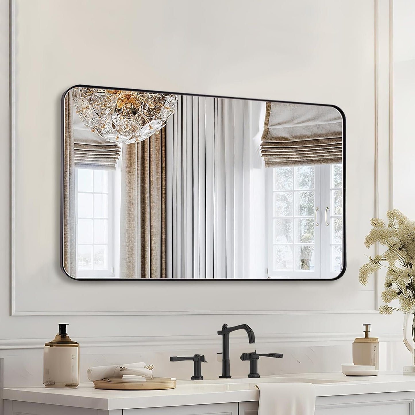 Black Bathroom Mirror 24"x36", Modern Round Corner Bathroom Vanity Mirror, Matte Black Wall Mirror for Bedroom, Living Room, Shatterproof, Anti-Rust, Wall Mounted Horizontal or Vertical