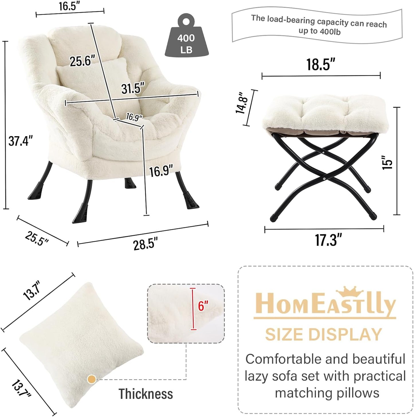 Large Lazy Chair with Ottoman, Accent Reading Chair with a Throw Pillow, Cozy Lounge Chair with Armrest, Leisure Sofa Chair for Living Room, Bedroom, Dorm, Plush Ivory