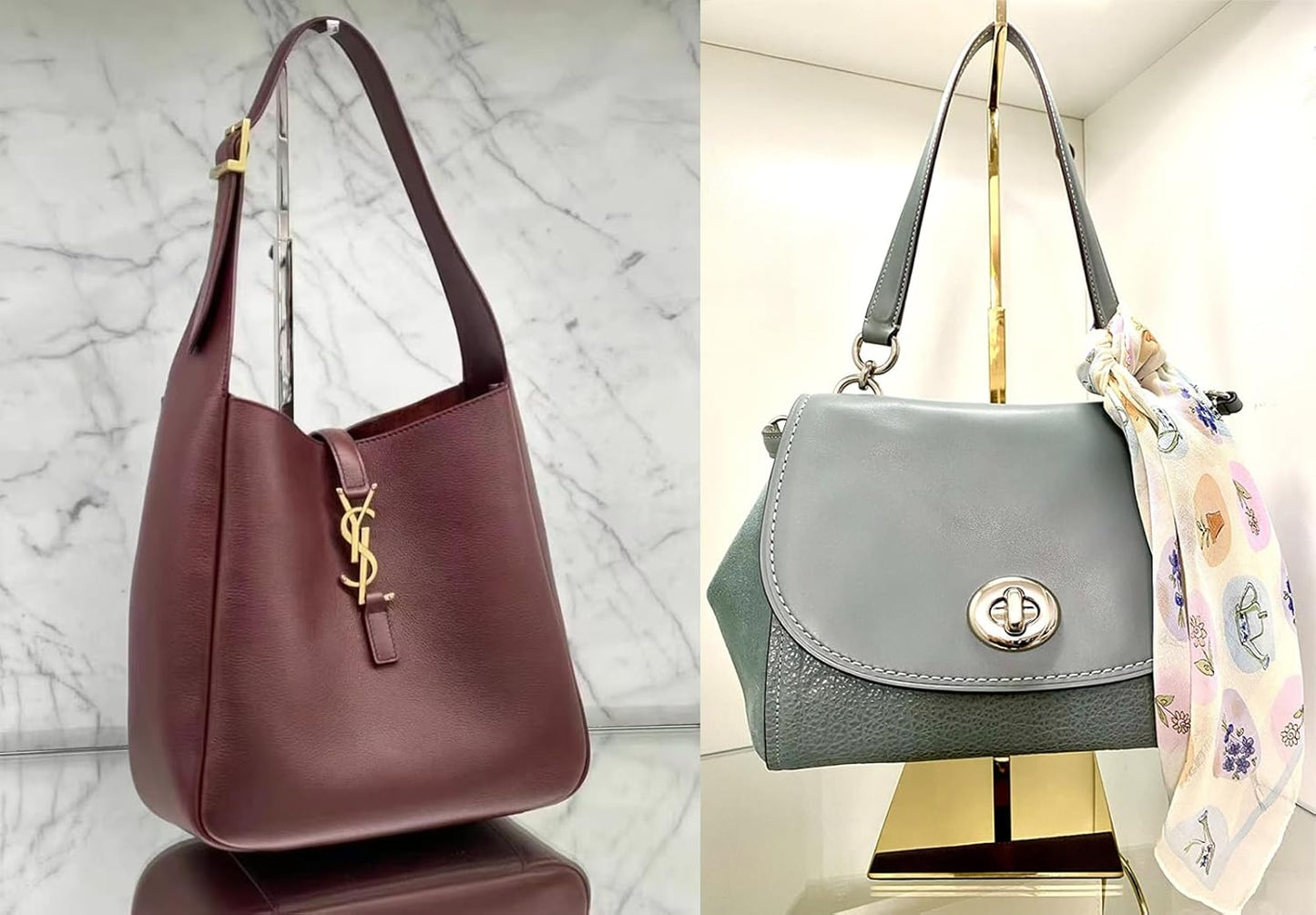 Gold Purse Display Stand, 2 Pack Handbag Display Stand Adjustable Height Stainless Steel Stability Non-slip Base, Large Bags Display Rack Luxury Purse Holder for Table Retail Closet