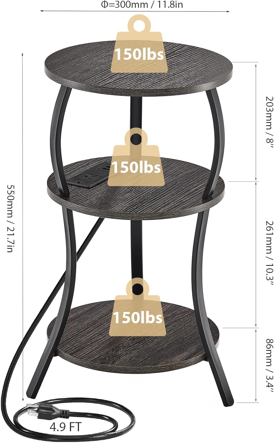 Small Round Side Table with Charging Station, 3-Tier Waist Circular End Table with Storage Shelf, Compact Tea Sofa Side Table Small Spaces, Round Corner Coffee Table for Living Room Bedroon,Grey