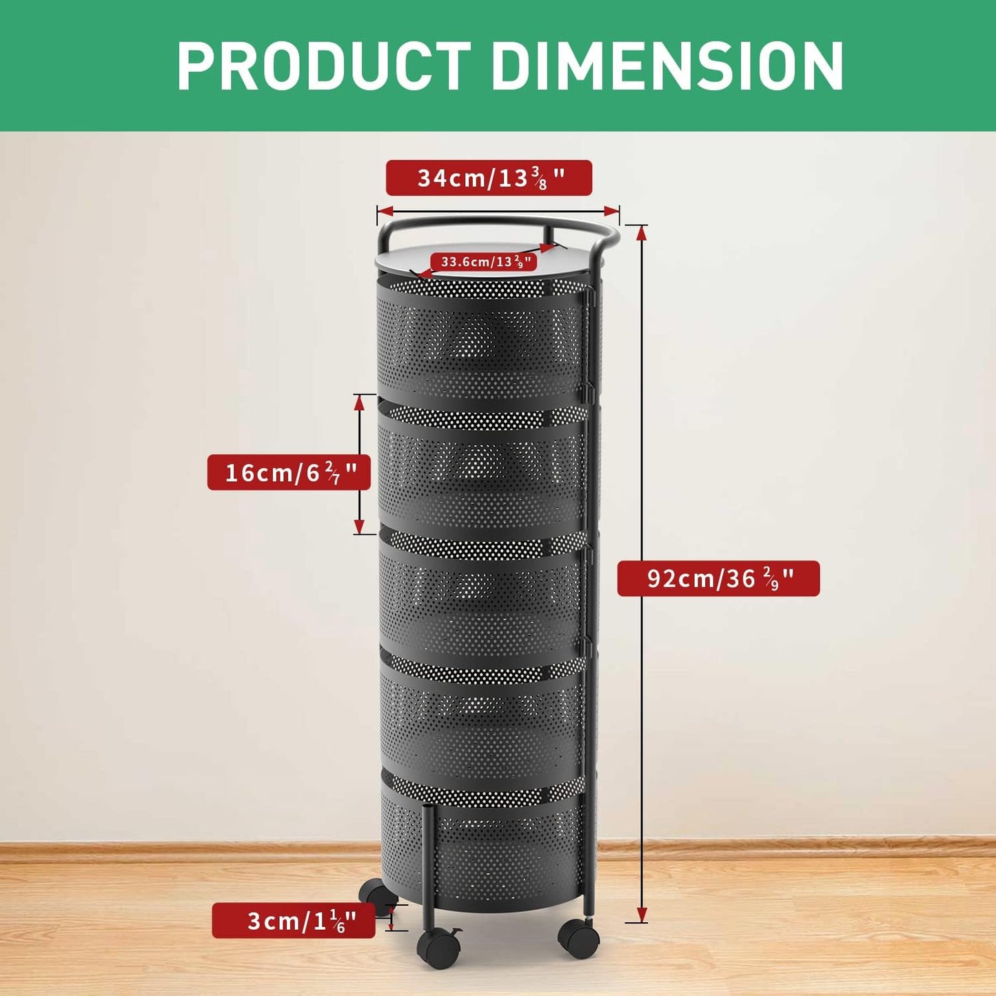 JAQ Rotating Fruit Basket, 5-Tier Metal Sturdy Kitchen Storage Rack Shelf Carts No Assembly on Rolling Wheels for Fruit Vegetable Grocery Corns Potato Onion (5-Tier, Black)