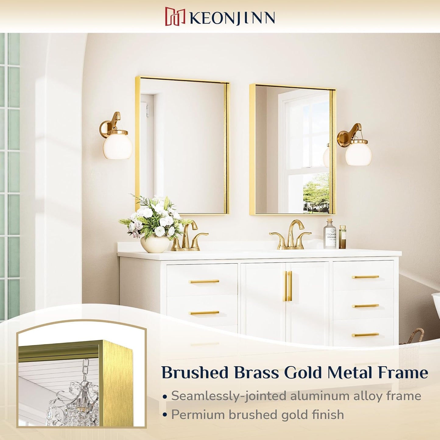 Keonjinn Brushed Shiny Gold Bathroom Mirror 22 x 30 Inch, Rectangle Gold Vanity Mirror for Wall, Aluminum Alloy Metal Framed, Modern Farmhouse, Square Corner, Brass Mirrors for Over Sink