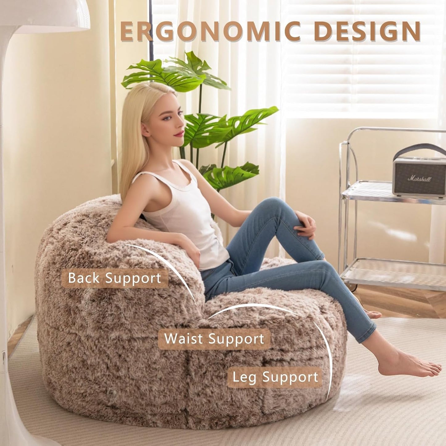 BYBYME Giant Bean Bag Chair, Faux Fur Bean Bag Couch with Filler Large Living Room Bean Bag Chairs for Adults, Big Lazy Sofa Accent Chair with Pocket Floor Chair