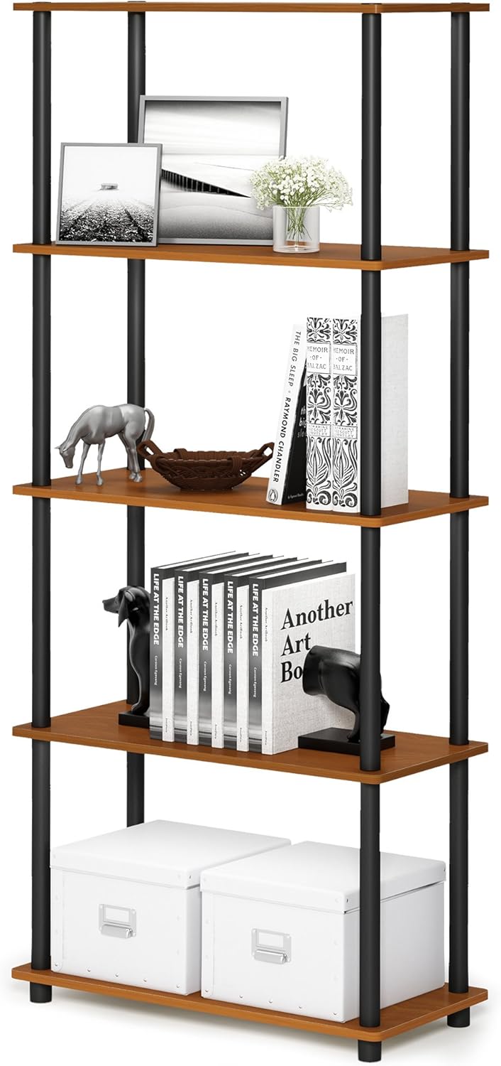 Furinno Turn-N-Tube 5-Tier Multipurpose Shelf / Display Rack / Storage Shelf / Bookshelf, Round Tubes, Light Cherry/Black