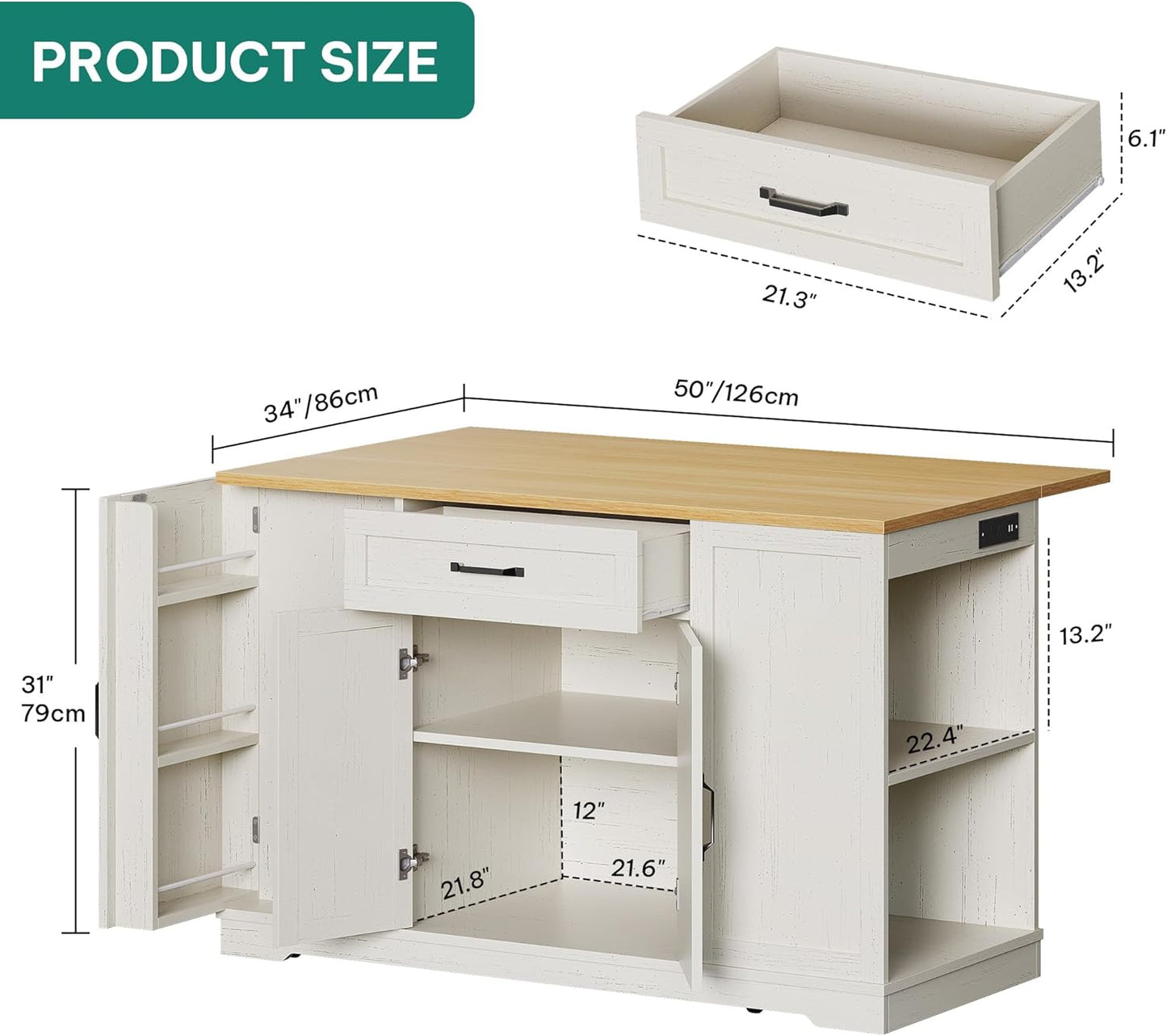 YITAHOME 50" Kitchen Island with Power Outlet & Drop Leaf, Rolling Island Cart with Trash Can Cabinet, Mobile Storage Islands with Microwave Rack, Door Storage Spice Rack, Retro White