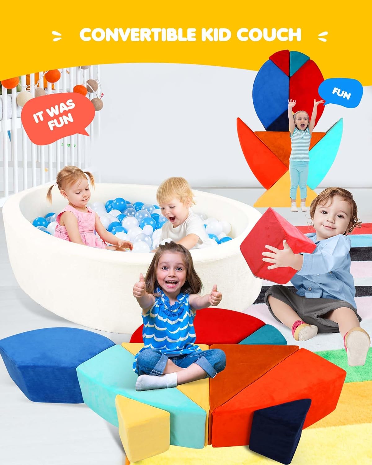 Kids Play Couch, 2-in-1 Egg-Shape Kid Plays Sofa with Unique Ball Pit(no Balls Included), Tangram Puzzle Play Couch for Playroom, Modular Play Couchs for Inspiring Creativity, Samba