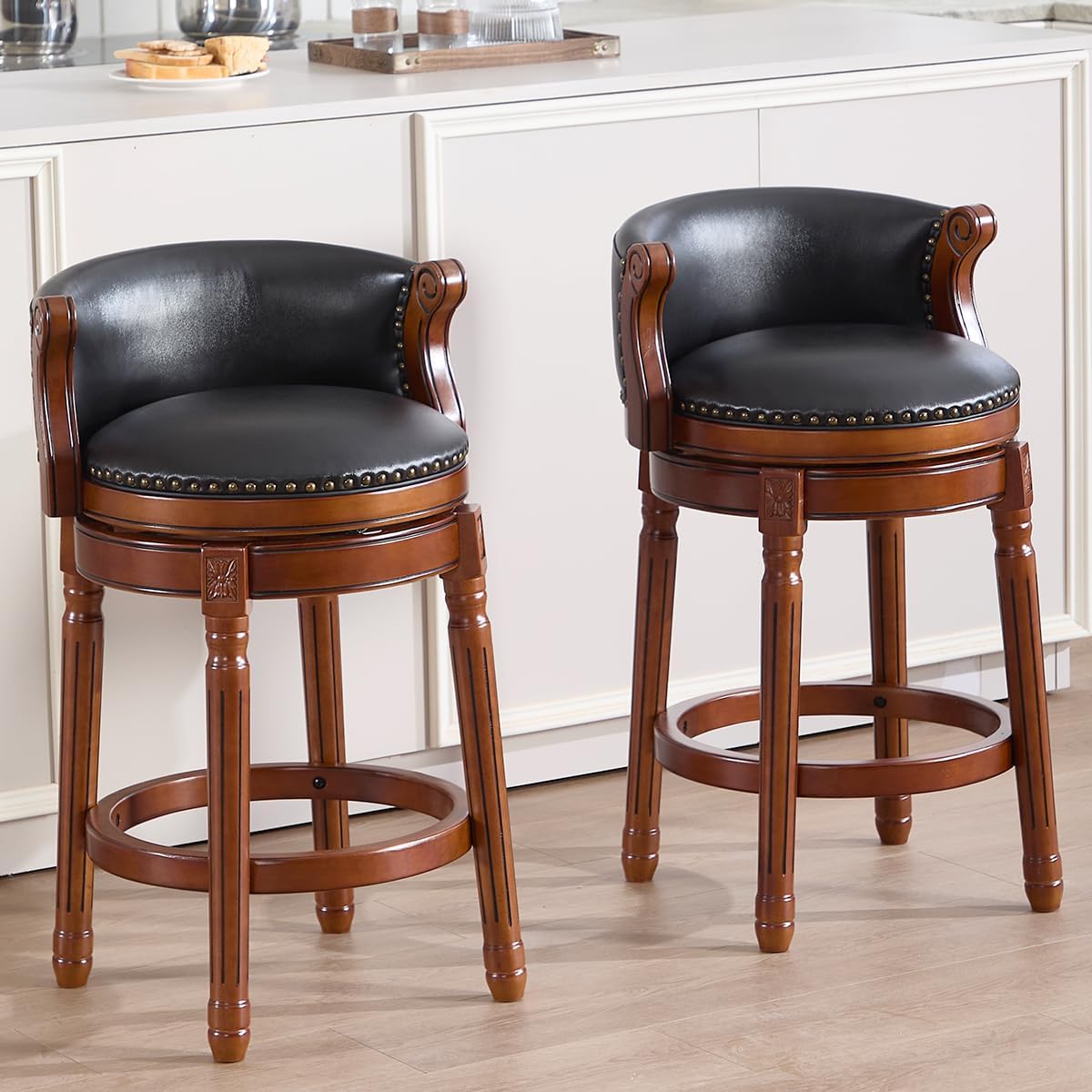 Cow top Leather Wooden Bar Stools, 29.5" Bar Height Bar Chair with Back, 180 Degrees Swivel Barstools Chair for Home Kitchen Counter,Dining Room (Black-1pc, Counter Height-Seat Height 26”)