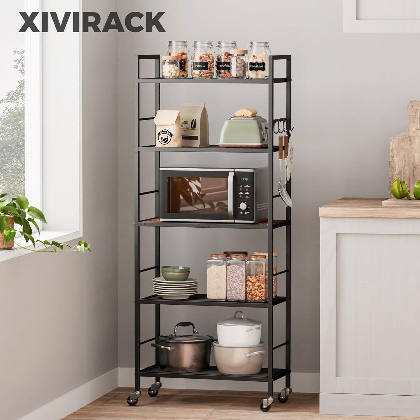 5-Tier Metal Storage Rack with Industrial Wheels,Mesh Shelving Unit with Wooden Table top,Adjustable Shelf,23.6-Inch Width,for Kitchen, Laundry,Pantry,Plant,Black