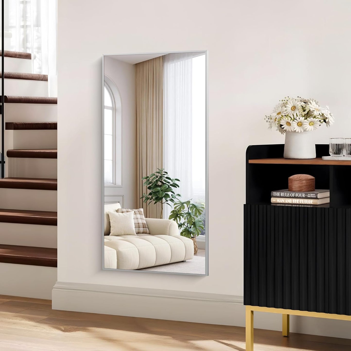 KOCUUY 24x48 Inch Large Silver Wall Mounted Mirror,Brushed Nickel Framed Rectangular Mirror for Wall Over Sink,Modern Design for Bedroom Living Room Bathroom,Functional Oversized Mirror