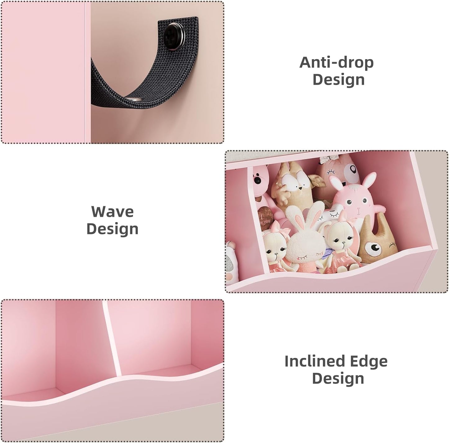 IDEALHOUSE 7-Cubby Large Kids Toy Storage Organizer, Children Wood Bookcase and Bookshelf, 3-Tier Toy Storage Cabinet with 3 Drawers for Hallway, Playroom, Living Room, School, 2 Set Pink